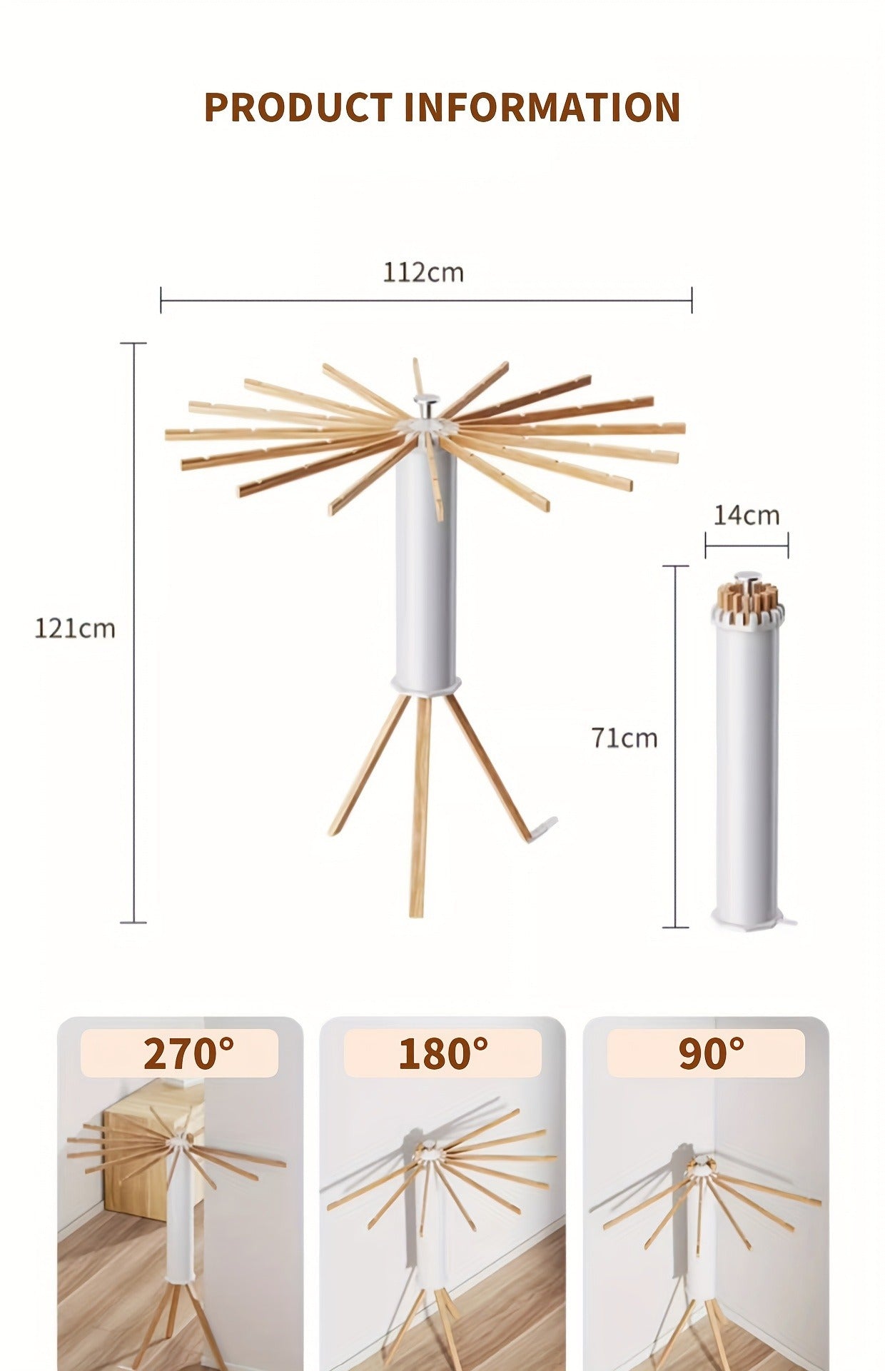 ESARR  Cylinder Tripod Drying Rack, Solid Wood Octopus Standing Drying Rack Clothing, Foldable Space Saving Laundry Drying Rack, Collapsible Drying Racks for Laundry Tripod,16 Dry Rods