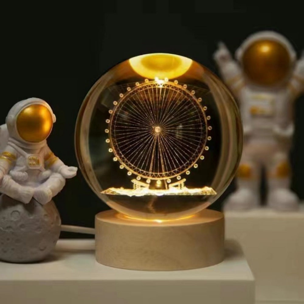 1pc 3D Night Light Crystal Glass Ball Lamp Galaxy Solar System Jupiter Ferris Wheel Crystal Ball Night Light With Wooden Base Bedside Mother's Day Gift Birthday Gift