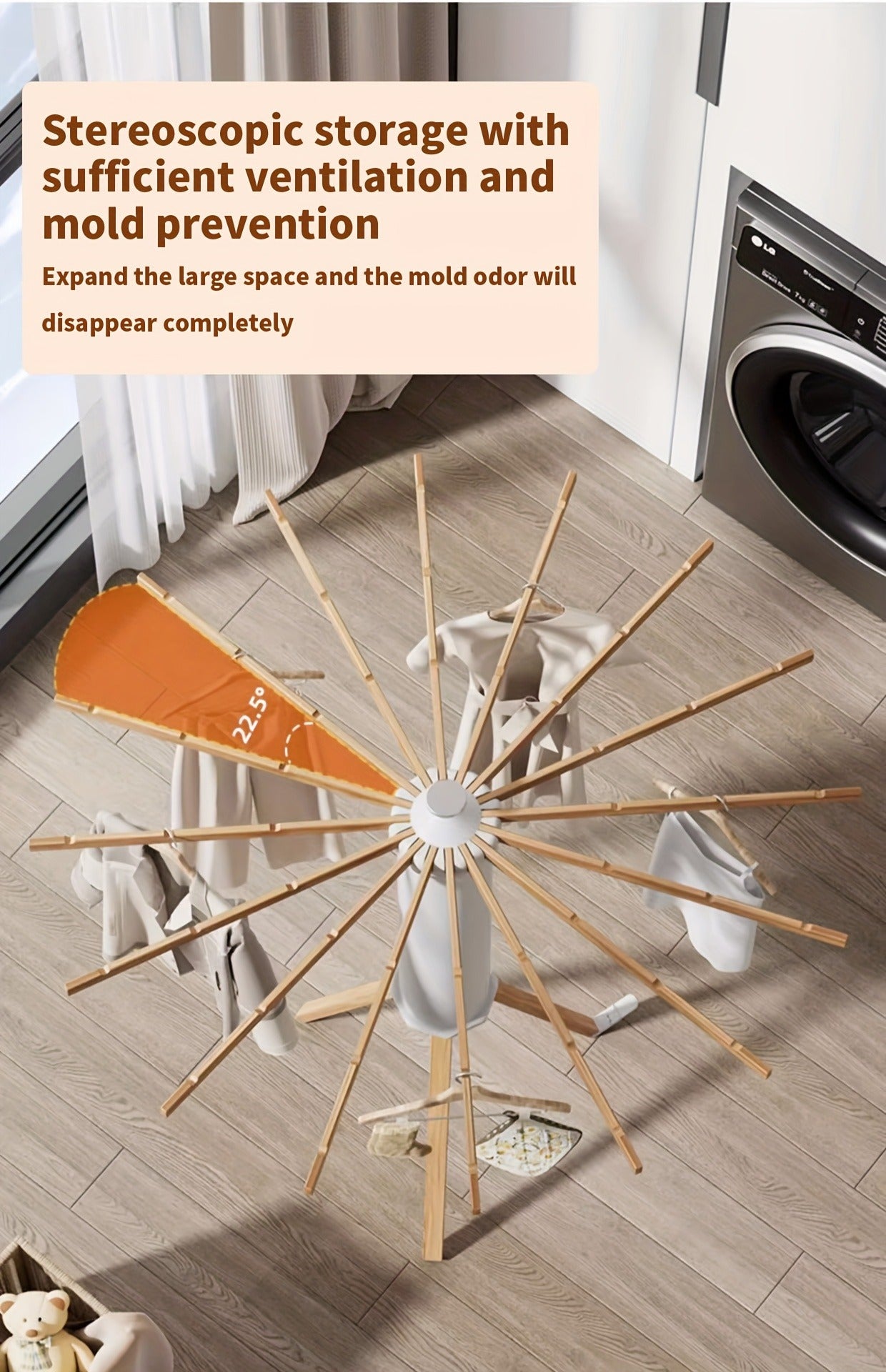ESARR  Cylinder Tripod Drying Rack, Solid Wood Octopus Standing Drying Rack Clothing, Foldable Space Saving Laundry Drying Rack, Collapsible Drying Racks for Laundry Tripod,16 Dry Rods