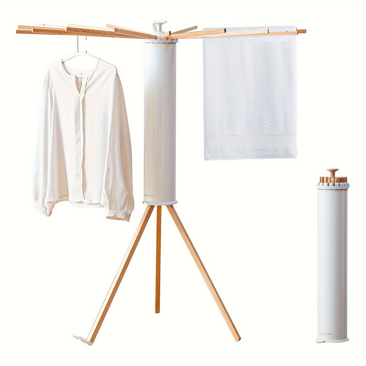 ESARR  Cylinder Tripod Drying Rack, Solid Wood Octopus Standing Drying Rack Clothing, Foldable Space Saving Laundry Drying Rack, Collapsible Drying Racks for Laundry Tripod,16 Dry Rods