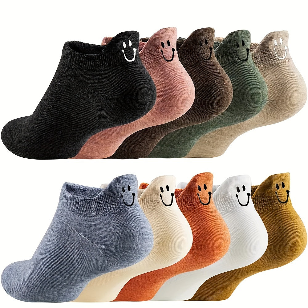 10 Pairs of Stylish Embroidered Ankle Socks - Soft & Breathable, Low Cut Design for Women - Comfy Everyday Wear, Assorted Patterns, One Size