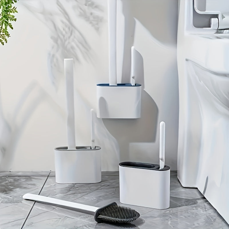 1 Set of 2 Efficient Silicone Toilet Brushes with Wall Mount & 1 Easy-Clean Toilet Seat – Long-Handled, Soft Brush Heads for Multi-Functional Household Cleaning