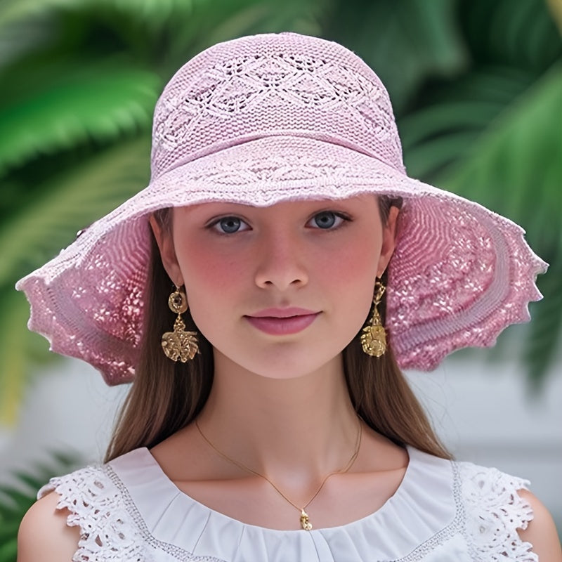 Washable Breathable Foldable Hat, Women's Fashion Hollow Sun Hat Large Brimmed Beach Hat