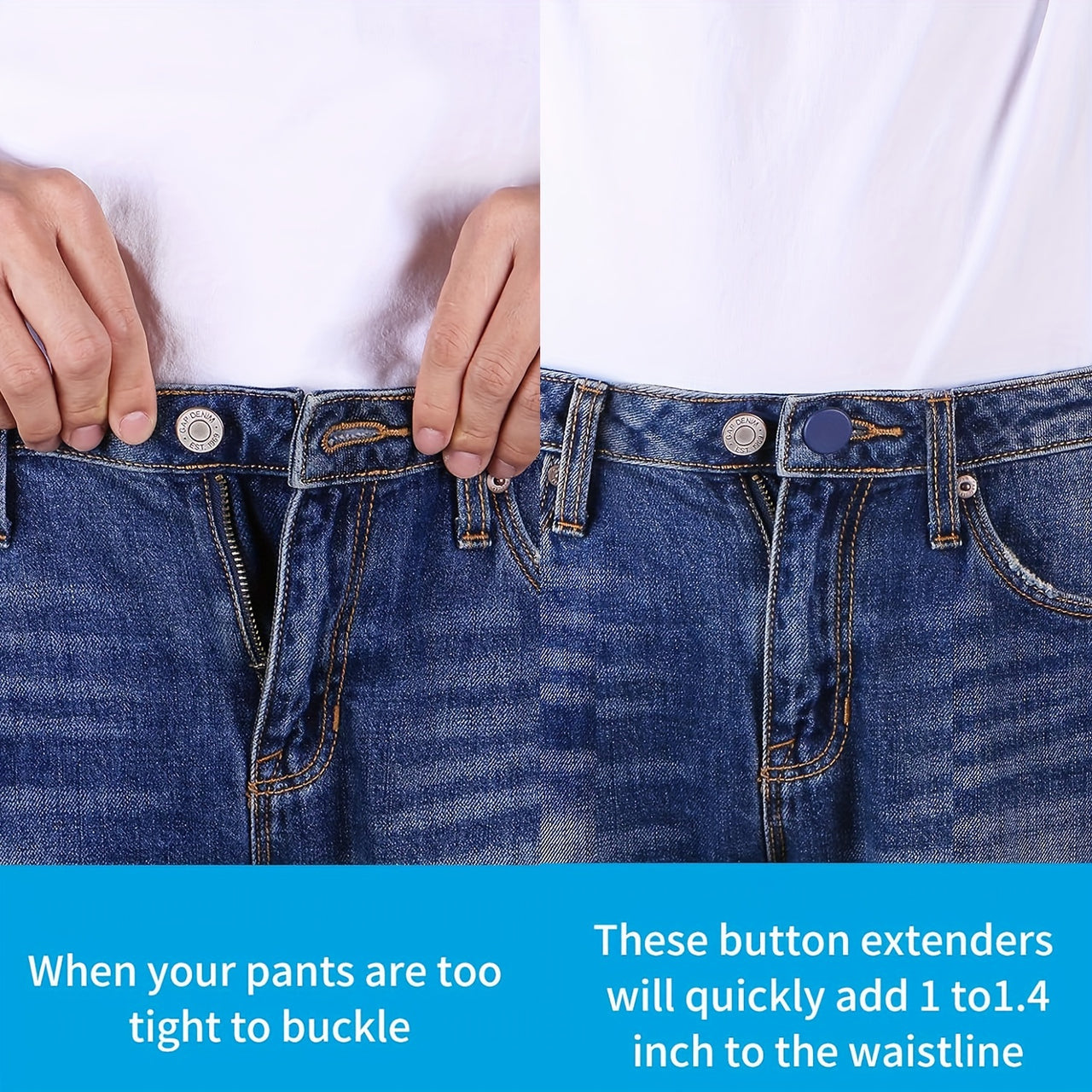 "Easy-Adjust" 12-Pack No-Sew Jean Waist Extenders - Adjustable Pants Button Expanders, Adds 1-1.4 Inches, Unisex, In Khaki/Blue/Black