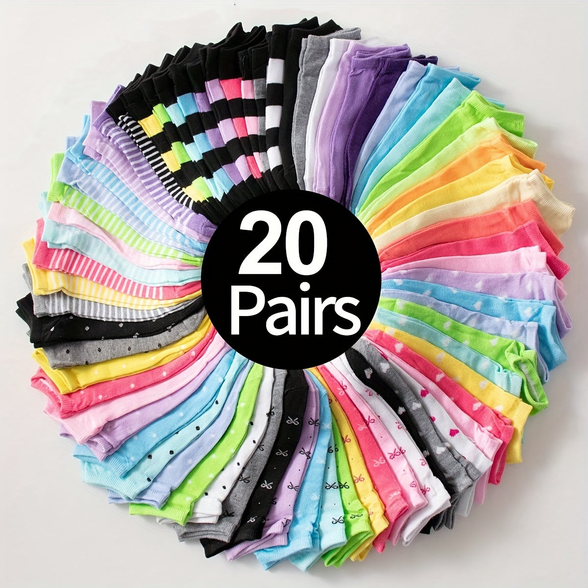 Chic & Comfortable 20-Pairs Women’s Ankle Socks: Heart & Stripe Prints, Durable Knit Fabric - Ideal Gift