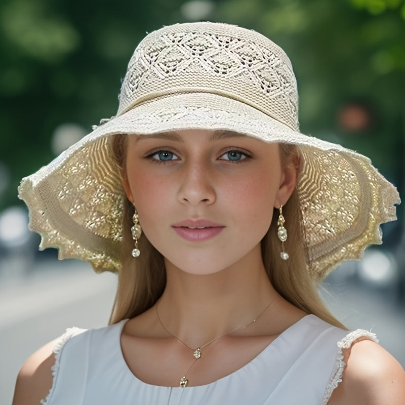 Washable Breathable Foldable Hat, Women's Fashion Hollow Sun Hat Large Brimmed Beach Hat