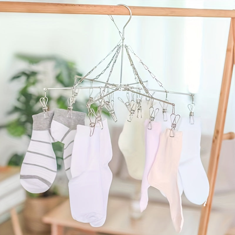 1pc Stainless Steel Sock Drying Rack With Multi-Clip, Swivel Hook Wind-Proof Clothes Hanger, Clothes Drying Rack For Sock, Bras, Underwear
