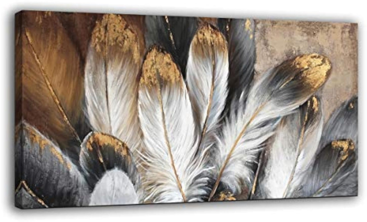 Feather Wall Art Modern Living Room Bedroom Wall Decoration Large Giclee Print Canvas Painting Artwork for Home Decor One Piece White Gold Brown Feather Picture Ready to Hang 24x48 Size