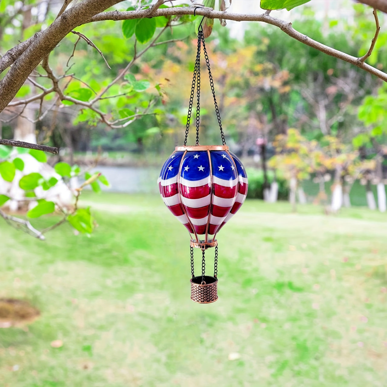 1pc Authentic Hot Air Balloon Solar Lantern with Flickering LED Flame - Waterproof Outdoor Hanging Lights for Garden, Yard, Patio - Adds Rustic Charm to Your Holiday Decor - Proudly Showcases American Flag Design
