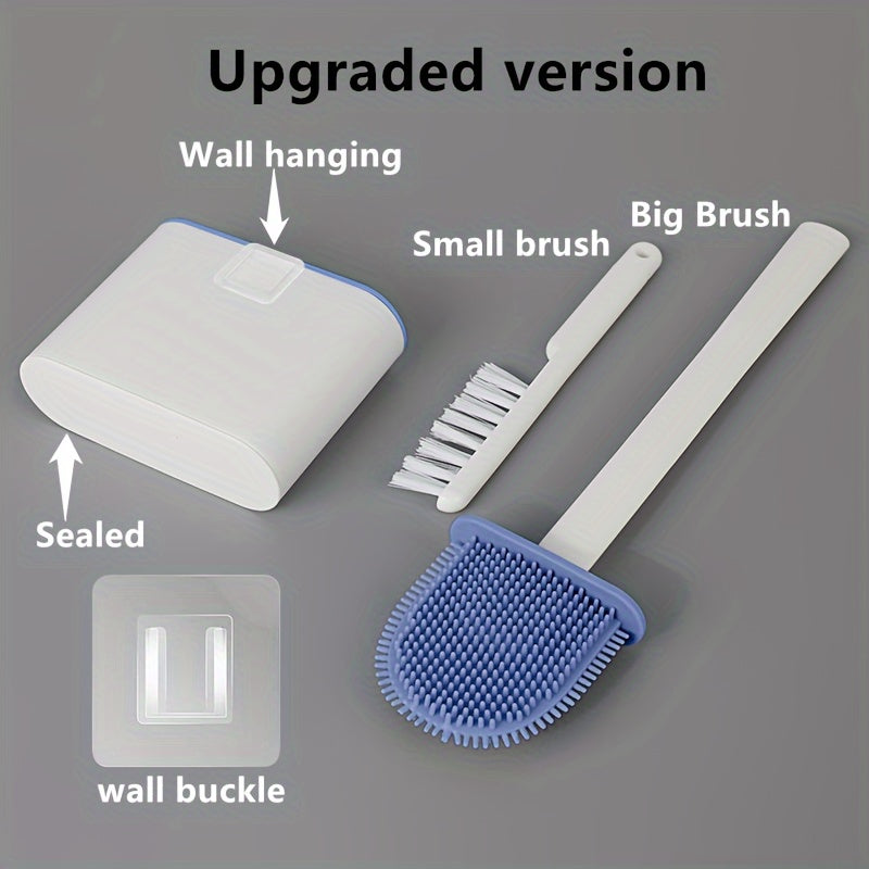 1 Set of 2 Efficient Silicone Toilet Brushes with Wall Mount & 1 Easy-Clean Toilet Seat – Long-Handled, Soft Brush Heads for Multi-Functional Household Cleaning