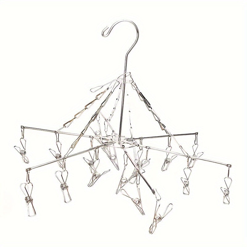 1pc Stainless Steel Sock Drying Rack With Multi-Clip, Swivel Hook Wind-Proof Clothes Hanger, Clothes Drying Rack For Sock, Bras, Underwear