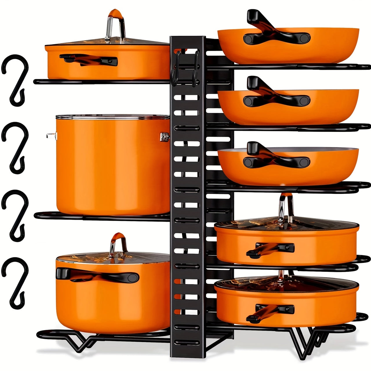 8-Tier Heavy Duty Pot Rack Organizer - Effortless Kitchen Storage Solution - Durable Metal, Rust-resistant, Space-saving Cabinet Holder for Pots, Pans and lids - Keep Your Kitchen Neat and Tidy