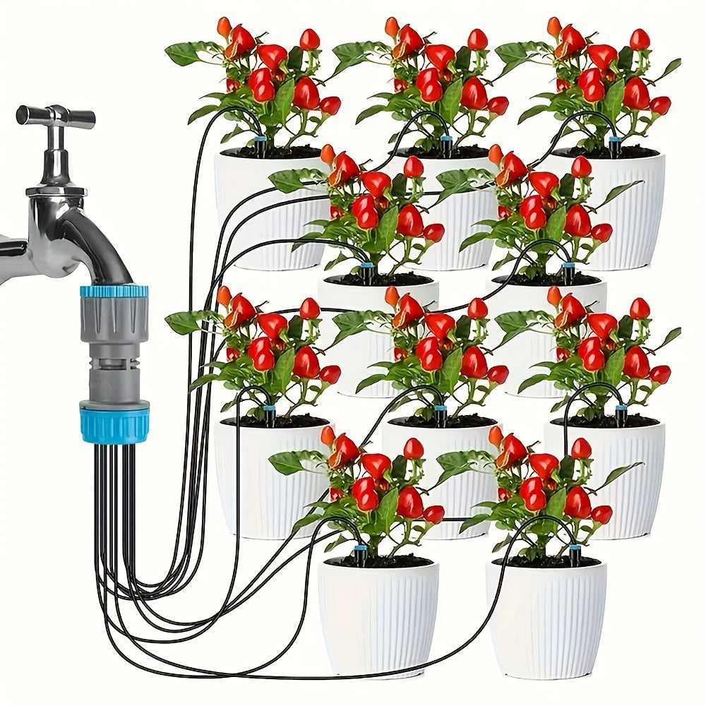 1set Easy-Install Drip Irrigation System – 10 Dripper Self-Watering Planter Kit with 3/4 Adapter – Ideal for Potted Plants & Raised Garden Beds