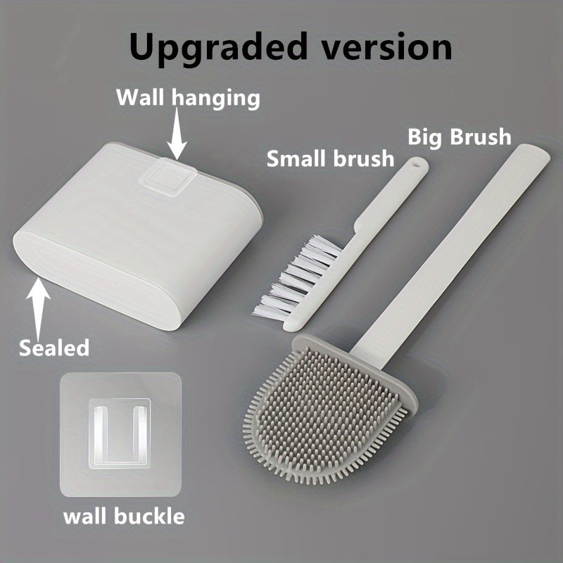 1 Set of 2 Efficient Silicone Toilet Brushes with Wall Mount & 1 Easy-Clean Toilet Seat – Long-Handled, Soft Brush Heads for Multi-Functional Household Cleaning