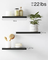 Thumbnail for BAYKA Floating Shelves, Wall Mounted Rustic Wood Shelves for Bathroom, Bedroom, Living Room, Kitchen, Small Hanging Shelf for Books/Storage/Room Decor with 22lbs Capacity (Black, Set of 3, 16in)