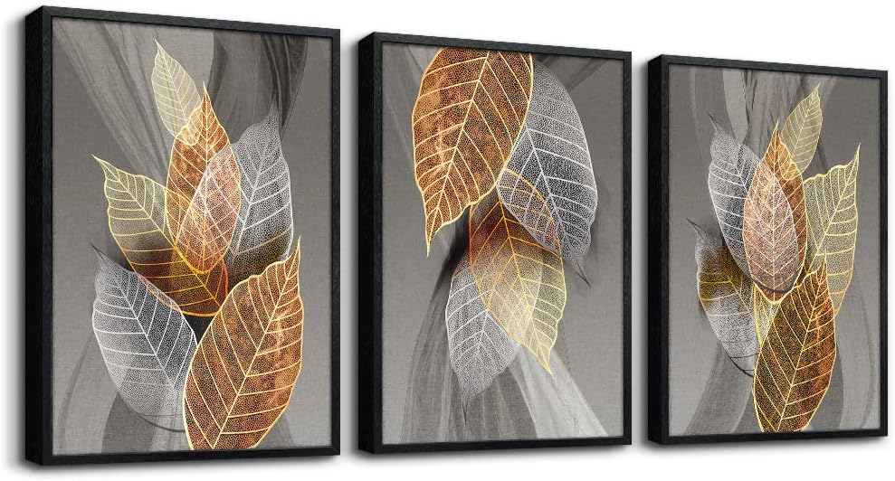 Canvas Wall Art For Living Room, Family Wall Decorations, Kitchen, Bathroom, Bedroom Modern Wall Decor Black Paintings Abstract Leaves Pictures Artwork Inspirational Home Decor 3 Pieces