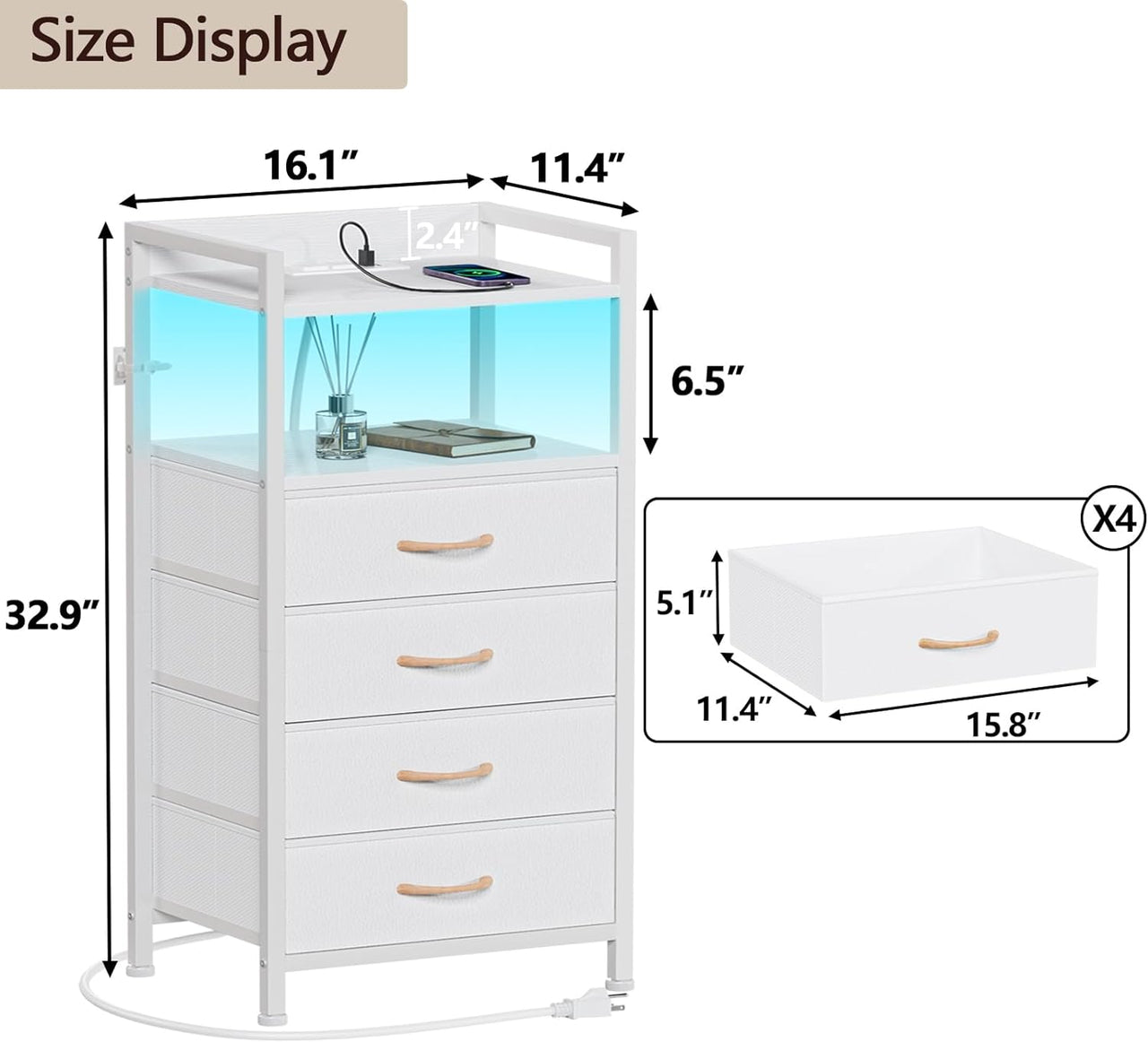 Furnulem White Nightstand with 4 Storage Drawer, Tall Dresser for Bedroom with Led Light and Charging Station, Side Table Nightstand for Closet, Fabric Bins, Metal Frame, Wood Shelf(White)