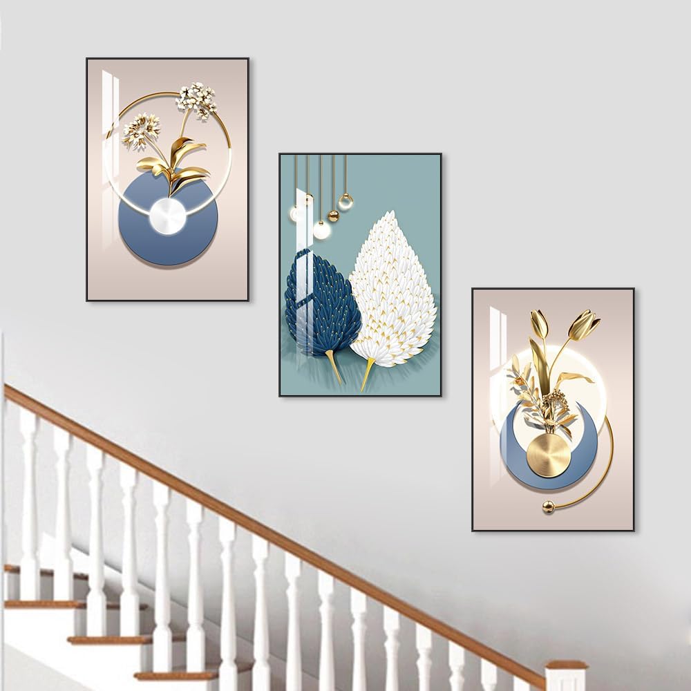 Abstract Modern Minimalist Natural Framed Decorative Painting Bright style Wall Art Set of 3Wall Decor for Living Room, Bedroom, Dining Room, Office, etc. (Blue, 16 "X 24" X 3 pieces)