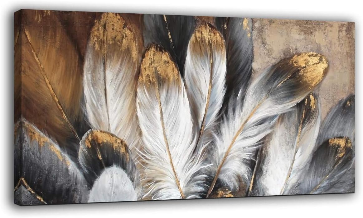 Feather Wall Art Modern Living Room Bedroom Wall Decoration Large Giclee Print Canvas Painting Artwork for Home Decor One Piece White Gold Brown Feather Picture Ready to Hang 24x48 Size