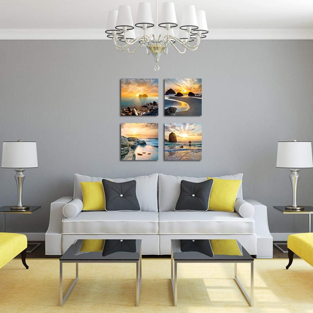Art Romantic Sea Water Sunset Print Decorative Beach Modern Seascape Paintings on Canvas Wall Artwork for Living Room Bedroom Home Office Decorations 4 Panels Stretched Canvas Prints (Seaview)