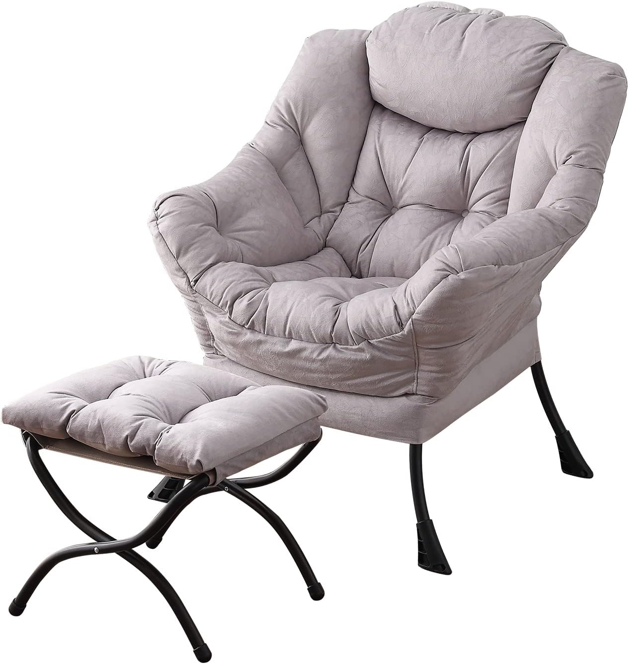 Welnow Lazy Chair with Ottoman, Modern Lounge Accent Chair with Armrests and a Side Pocket, Leisure Sofa Chair Set, Reading Chair with Footrest for Small Space, Corner Chair, Plush Grey