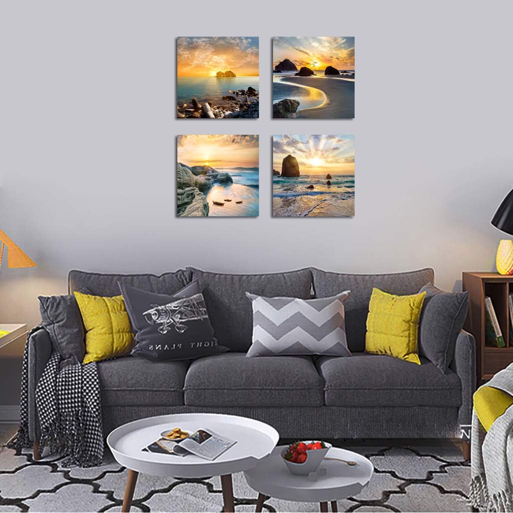Art Romantic Sea Water Sunset Print Decorative Beach Modern Seascape Paintings on Canvas Wall Artwork for Living Room Bedroom Home Office Decorations 4 Panels Stretched Canvas Prints (Seaview)