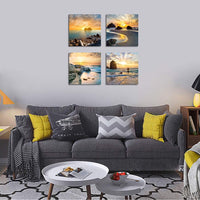 Thumbnail for Art Romantic Sea Water Sunset Print Decorative Beach Modern Seascape Paintings on Canvas Wall Artwork for Living Room Bedroom Home Office Decorations 4 Panels Stretched Canvas Prints (Seaview)