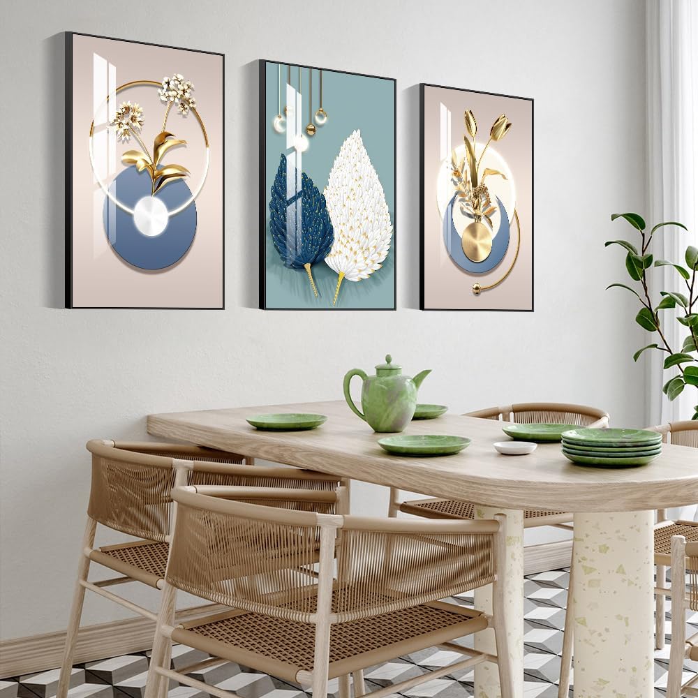 Abstract Modern Minimalist Natural Framed Decorative Painting Bright style Wall Art Set of 3Wall Decor for Living Room, Bedroom, Dining Room, Office, etc. (Blue, 16 "X 24" X 3 pieces)