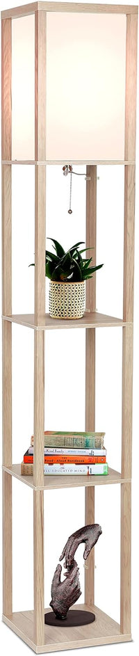 Thumbnail for Brightech Maxwell - Modern Shelf Floor Lamp with Lamp Shade and LED Bulb - Corner Display Floor Lamps with Shelves for Living Room, Bedroom and Office - Natural Wood