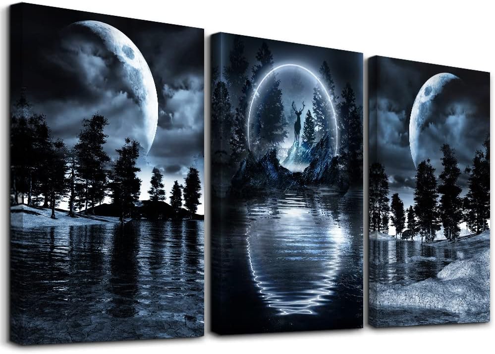 Wall Art For Living Room black and white Blue tree moon Canvas Wall Decor for Home artwork Painting 12" x 16" 3 Pieces Canvas Print For bedroom Decor Modern Salon kitchen office Hang a picture