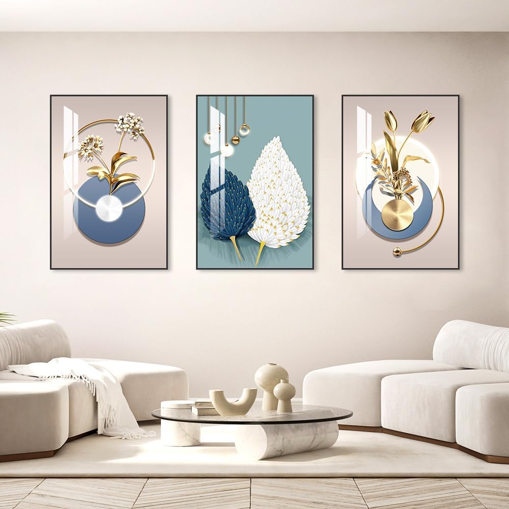 Abstract Modern Minimalist Natural Framed Decorative Painting Bright style Wall Art Set of 3Wall Decor for Living Room, Bedroom, Dining Room, Office, etc. (Blue, 16 "X 24" X 3 pieces)