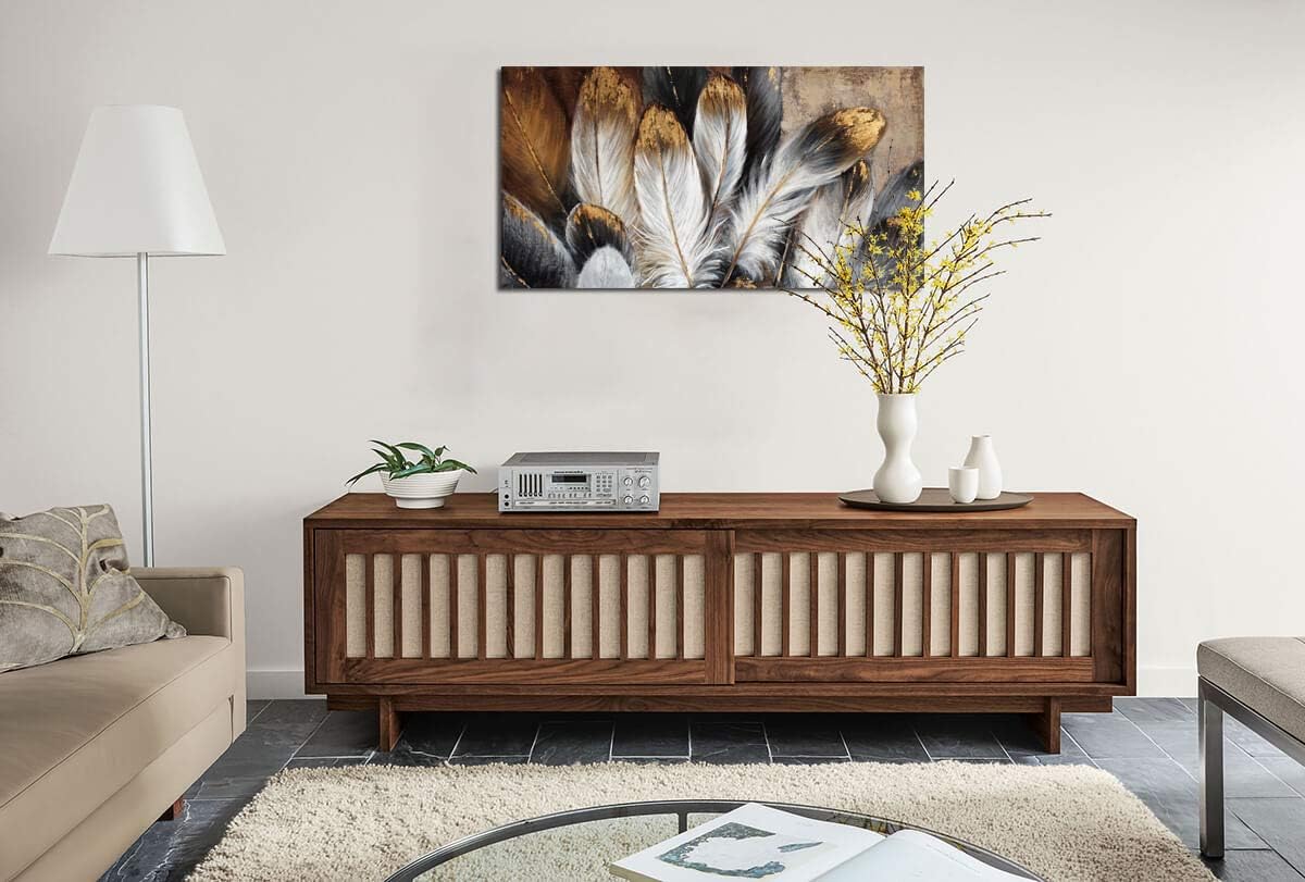 Feather Wall Art Modern Living Room Bedroom Wall Decoration Large Giclee Print Canvas Painting Artwork for Home Decor One Piece White Gold Brown Feather Picture Ready to Hang 24x48 Size