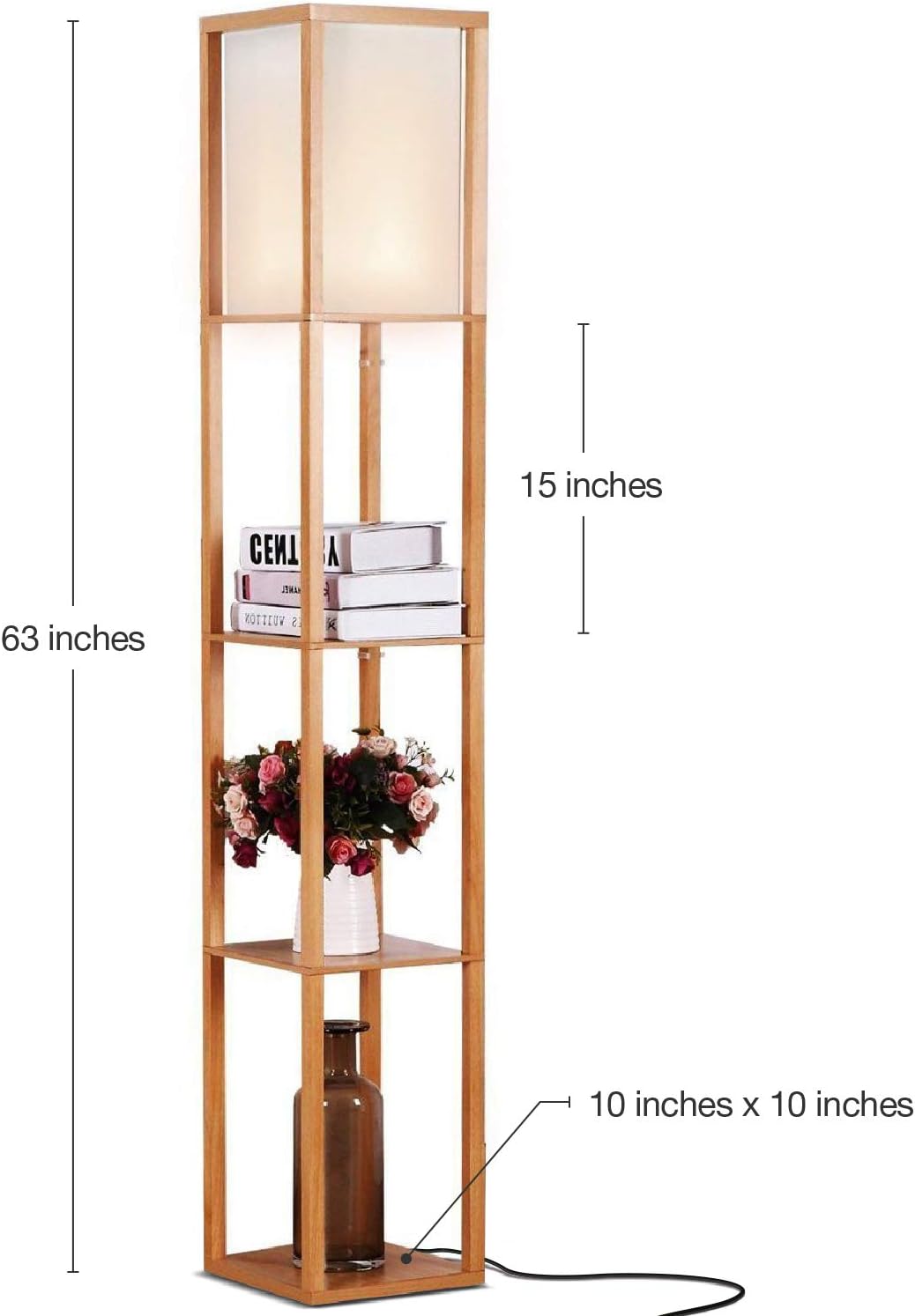 Brightech Maxwell - Modern Shelf Floor Lamp with Lamp Shade and LED Bulb - Corner Display Floor Lamps with Shelves for Living Room, Bedroom and Office - Natural Wood