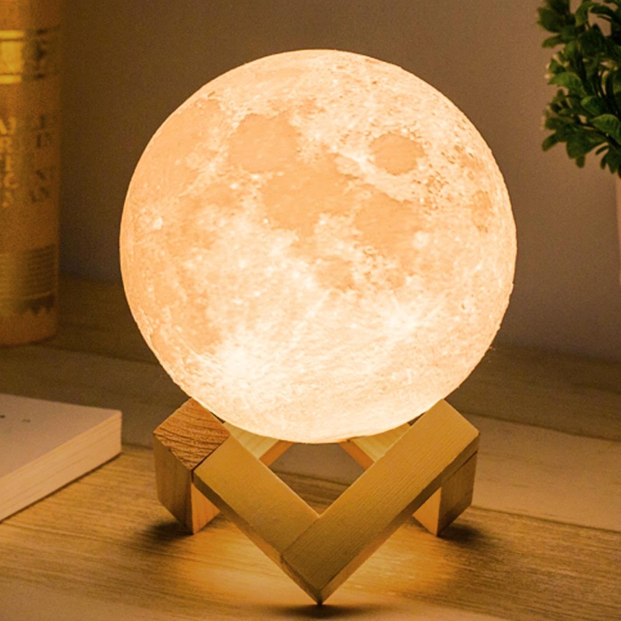 Mydethun 3D Moon Lamp with Ceramic Base, Mothers Day Gift, LED Night Light, Mood Lighting with Touch Control Brightness for Women,Home Décor, Bedroom, Kids Birthday, 3.5 Inch - White & Yellow