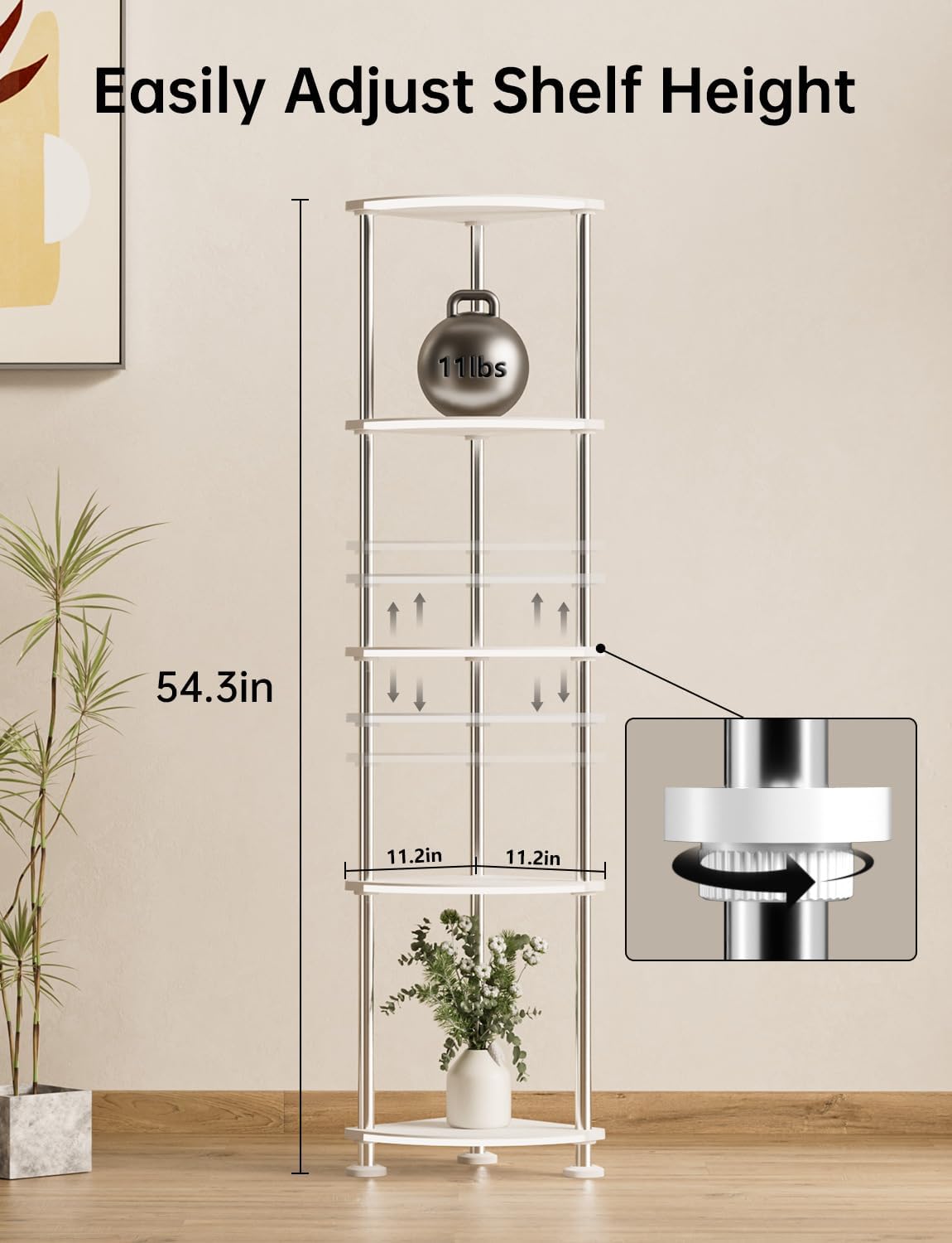 Floor Lamp with Shelf Corner Shelf with Light Standing Lamp with Shelves Music Sync Dimmable and Timing Corner Lamp with Wireless Charger & USB Port 5 Tier White