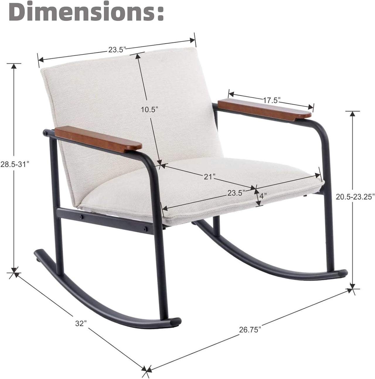 LukeAlon Mid Century Linen Rocking Accent Chair, Modern Lounge Chair with Metal Base Retro Comfy Low Nursery Rocker Chair with Wooden Armrest for Living Room Bedroom, Beige