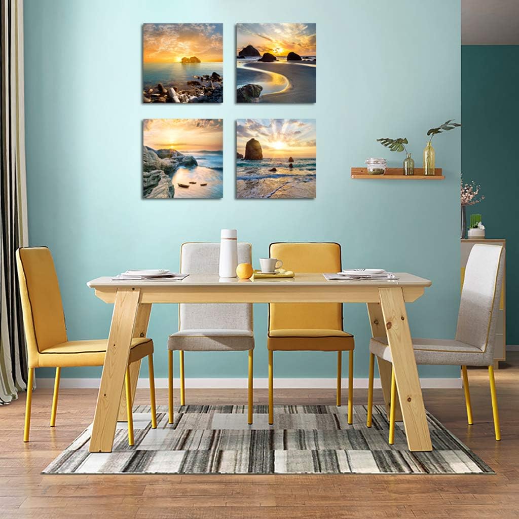Art Romantic Sea Water Sunset Print Decorative Beach Modern Seascape Paintings on Canvas Wall Artwork for Living Room Bedroom Home Office Decorations 4 Panels Stretched Canvas Prints (Seaview)