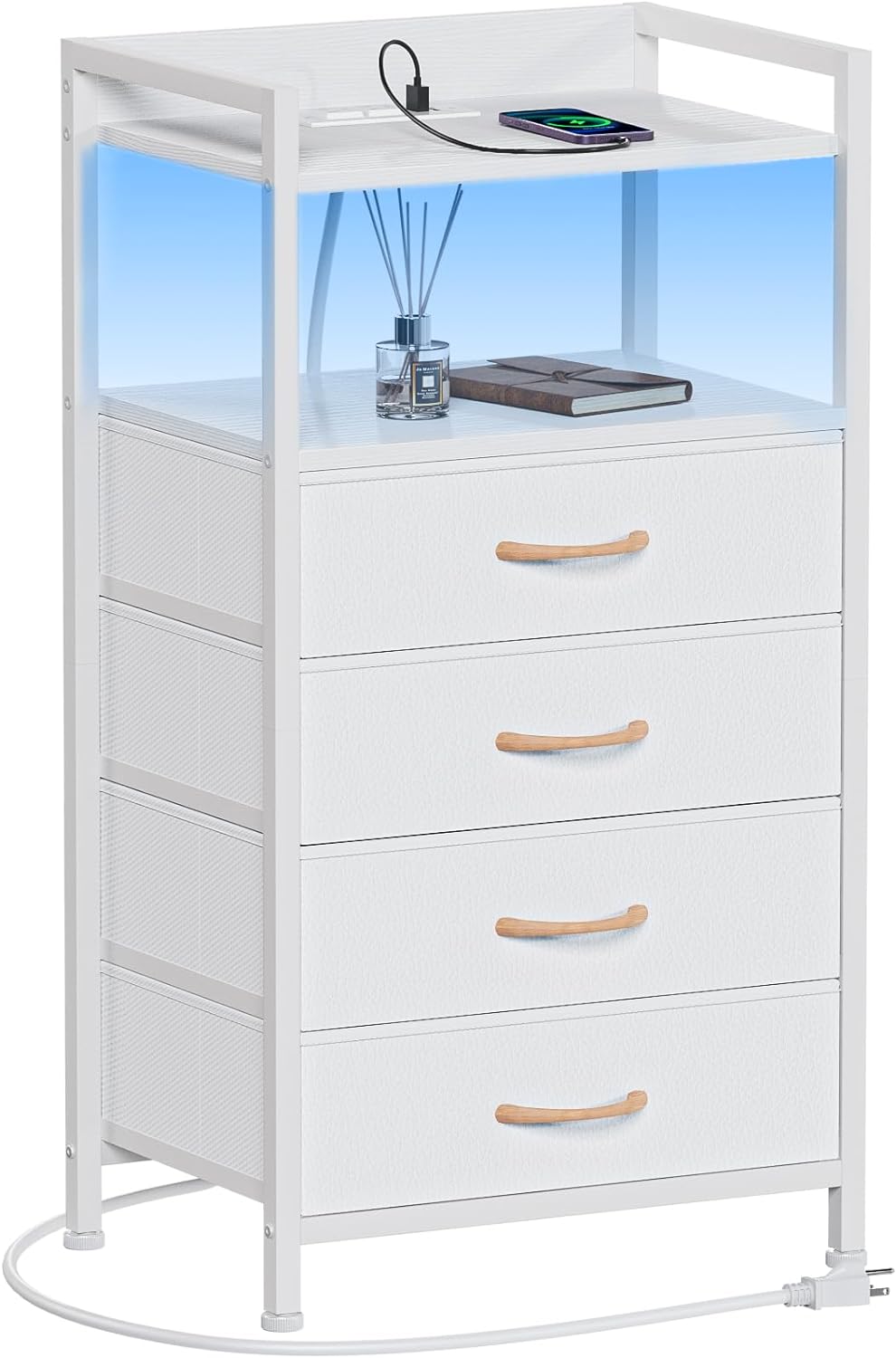 Furnulem White Nightstand with 4 Storage Drawer, Tall Dresser for Bedroom with Led Light and Charging Station, Side Table Nightstand for Closet, Fabric Bins, Metal Frame, Wood Shelf(White)