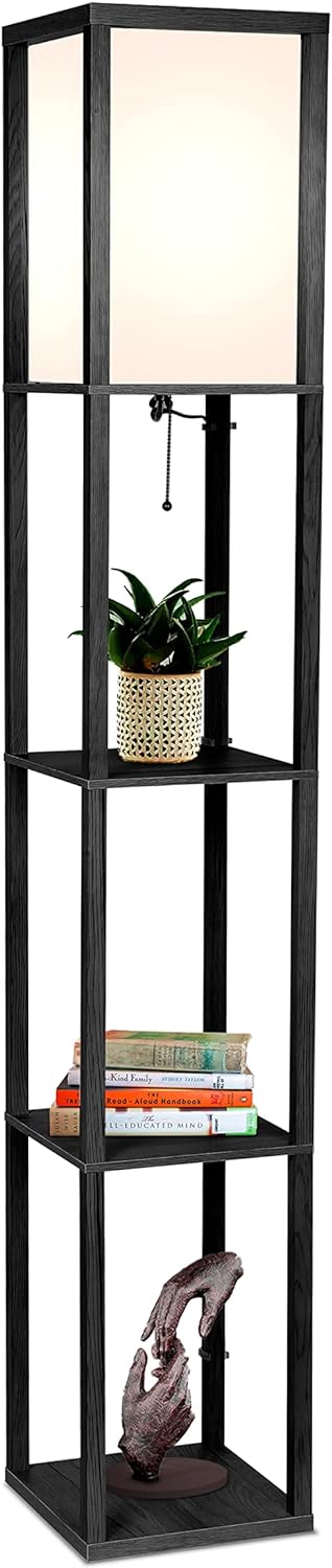 Brightech Maxwell - Modern Shelf Floor Lamp with Lamp Shade and LED Bulb - Corner Display Floor Lamps with Shelves for Living Room, Bedroom and Office - Natural Wood