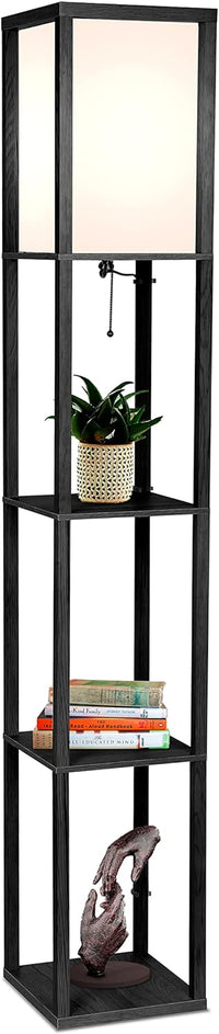 Thumbnail for Brightech Maxwell - Modern Shelf Floor Lamp with Lamp Shade and LED Bulb - Corner Display Floor Lamps with Shelves for Living Room, Bedroom and Office - Natural Wood
