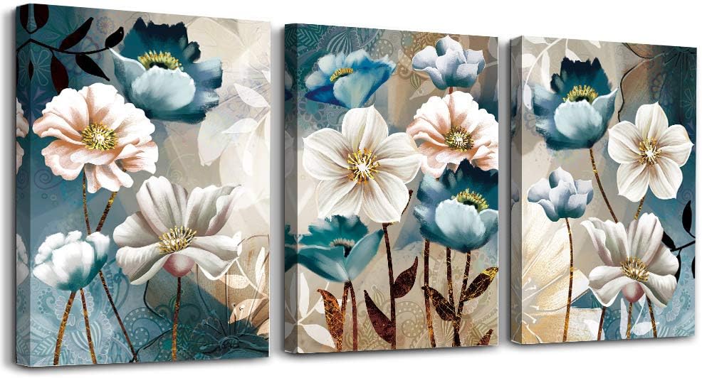 SERIMINO 3 Piece Lotus Flower Canvas Wall Art for Living Room White and Indigo Blue Floral Picture Wall Decor for Dining Room Bedroom Bathroom Kitchen Print Painting for Home Decorations