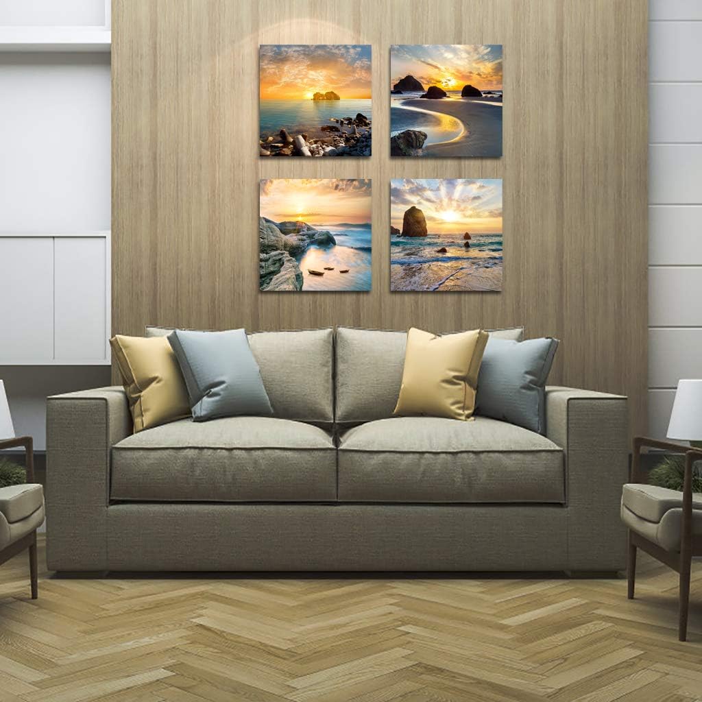 Art Romantic Sea Water Sunset Print Decorative Beach Modern Seascape Paintings on Canvas Wall Artwork for Living Room Bedroom Home Office Decorations 4 Panels Stretched Canvas Prints (Seaview)