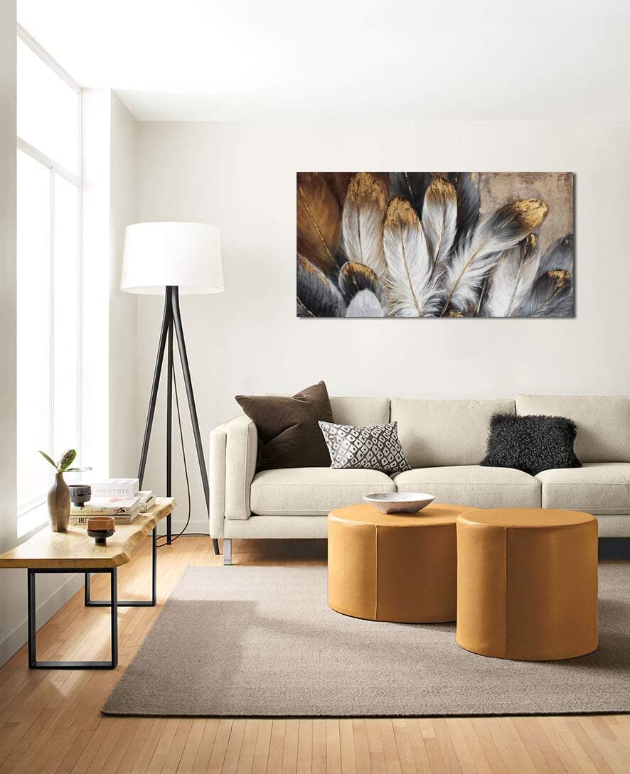 Feather Wall Art Modern Living Room Bedroom Wall Decoration Large Giclee Print Canvas Painting Artwork for Home Decor One Piece White Gold Brown Feather Picture Ready to Hang 24x48 Size