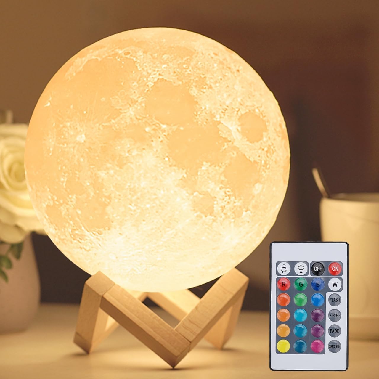 Mydethun 3D Moon Lamp with Ceramic Base, Mothers Day Gift, LED Night Light, Mood Lighting with Touch Control Brightness for Women,Home Décor, Bedroom, Kids Birthday, 3.5 Inch - White & Yellow
