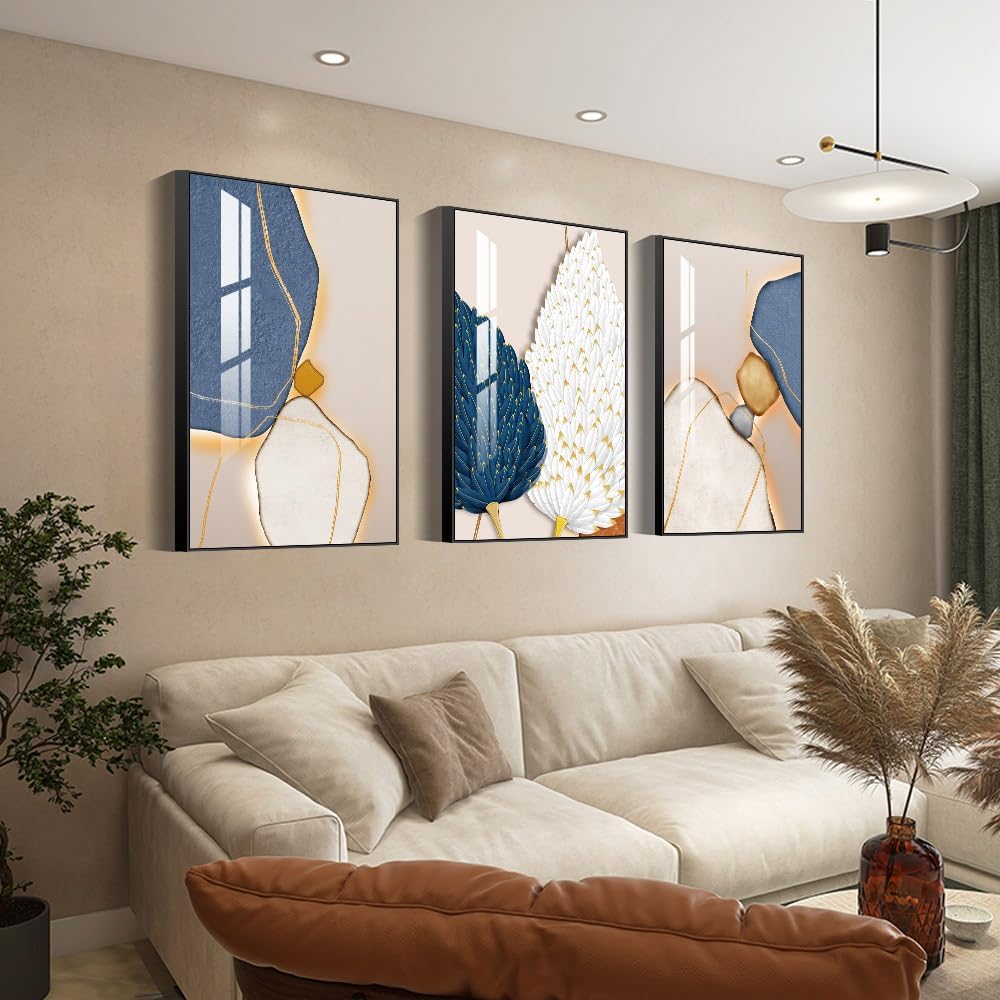 Abstract Modern Minimalist Natural Framed Decorative Painting Bright style Wall Art Set of 3Wall Decor for Living Room, Bedroom, Dining Room, Office, etc. (Blue, 16 "X 24" X 3 pieces)