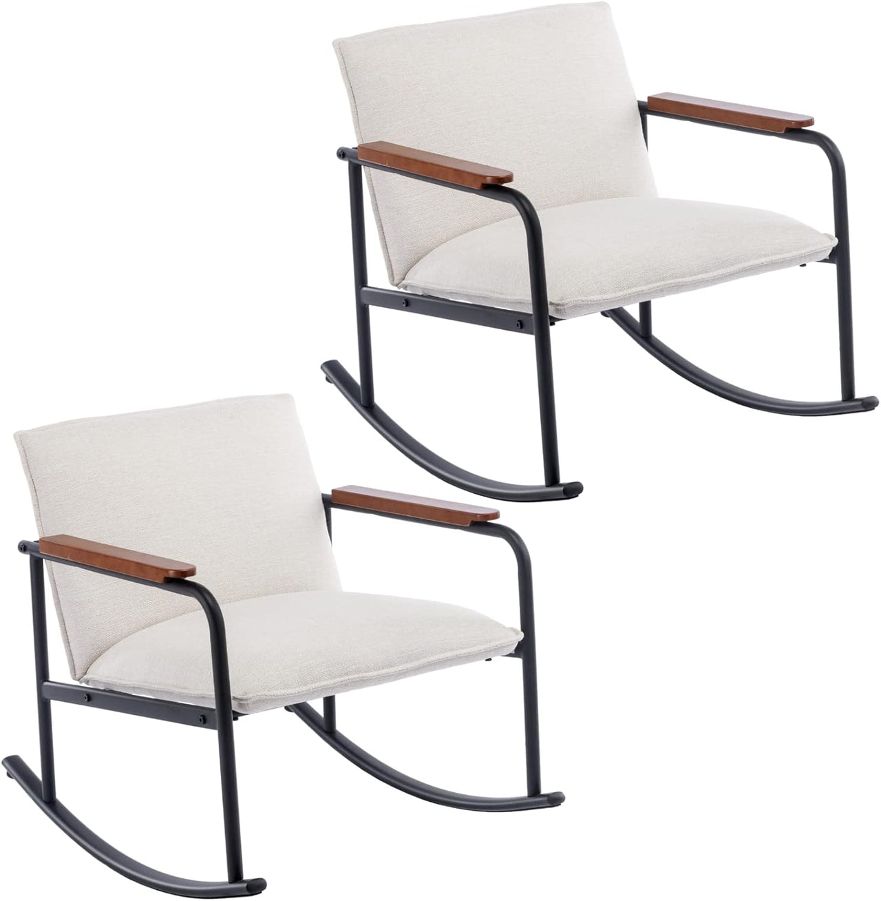LukeAlon Mid Century Linen Rocking Accent Chair, Modern Lounge Chair with Metal Base Retro Comfy Low Nursery Rocker Chair with Wooden Armrest for Living Room Bedroom, Beige