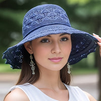 Thumbnail for Washable Breathable Foldable Hat, Women's Fashion Hollow Sun Hat Large Brimmed Beach Hat
