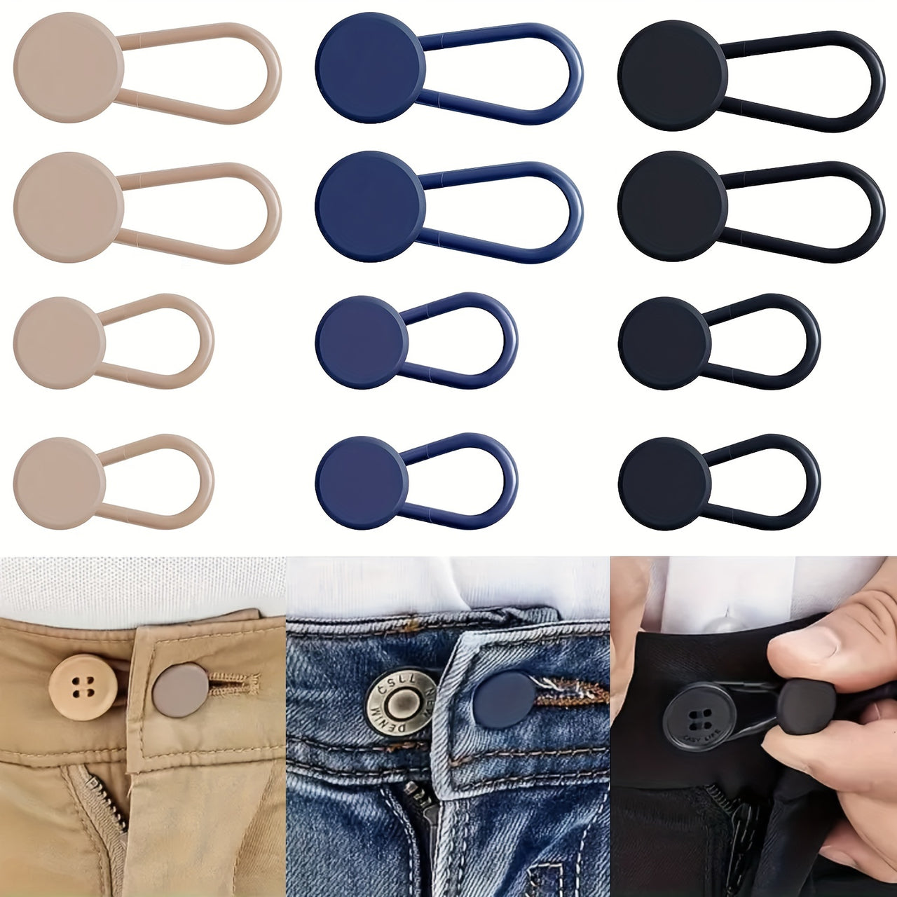 "Easy-Adjust" 12-Pack No-Sew Jean Waist Extenders - Adjustable Pants Button Expanders, Adds 1-1.4 Inches, Unisex, In Khaki/Blue/Black