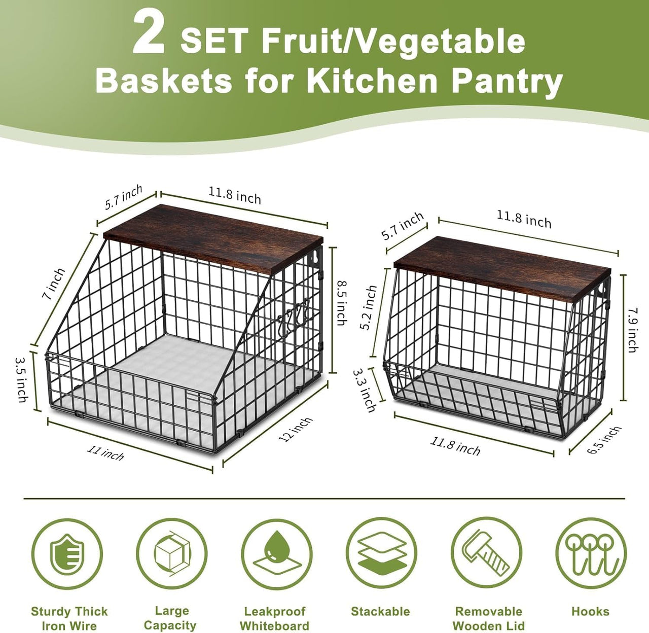 Fruit and Vegetable storage, 2 Set Wall Mounted Wire Baskets, Fruit Basket for Kitchen Counter, Hanging Fruit Basket, Potato Onion Basket, Wire Basket for Organizing, Countertop Organization Pantry