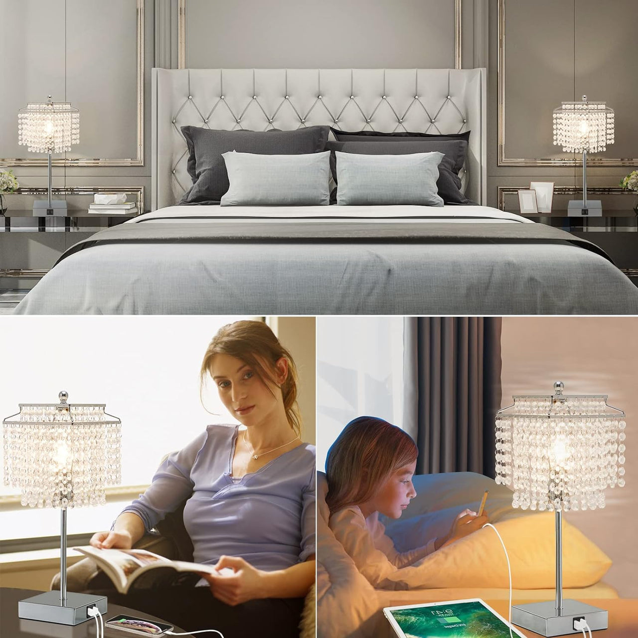 Luvkczc Crystal Table Lamp with Touch Control, USB Bedside Crystal Table Lamp, 3-Way Dimmable Lamp with Crystal Shade for Girls Bedroom, Living Room, 6W LED Bulb Included